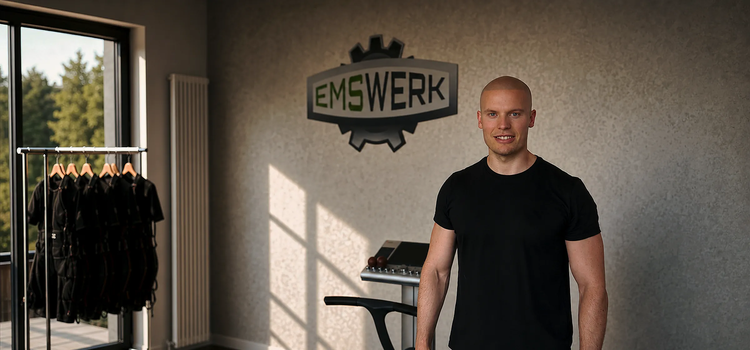 Sven John im Studio, im Hintergrund die EMS-Westen und das EMS-WERK-Logo